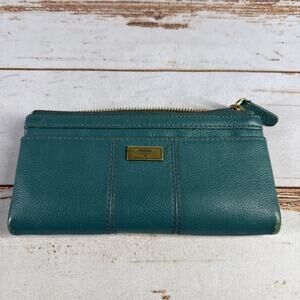 Fossil Logan RFID Tab Clutch Wallet Turquoise Pebble Leather – Used Bifold
